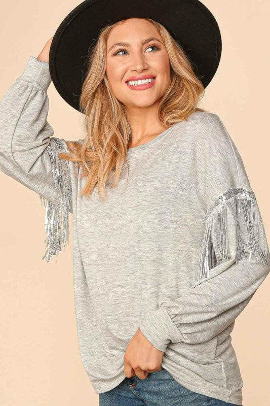 PLUS FRENCH TERRY BUBBLE SLEEVE SEQUINS TASSEL TOP