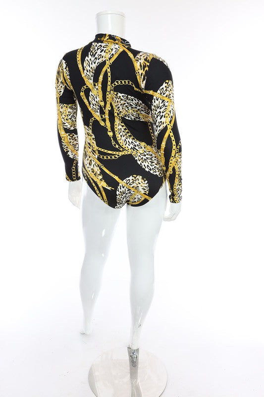 Sexy Gold Chain Black Gold Snake Printed body Suit