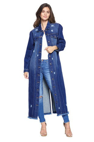 Long Denim Jacket with Distressed-100% Cotton