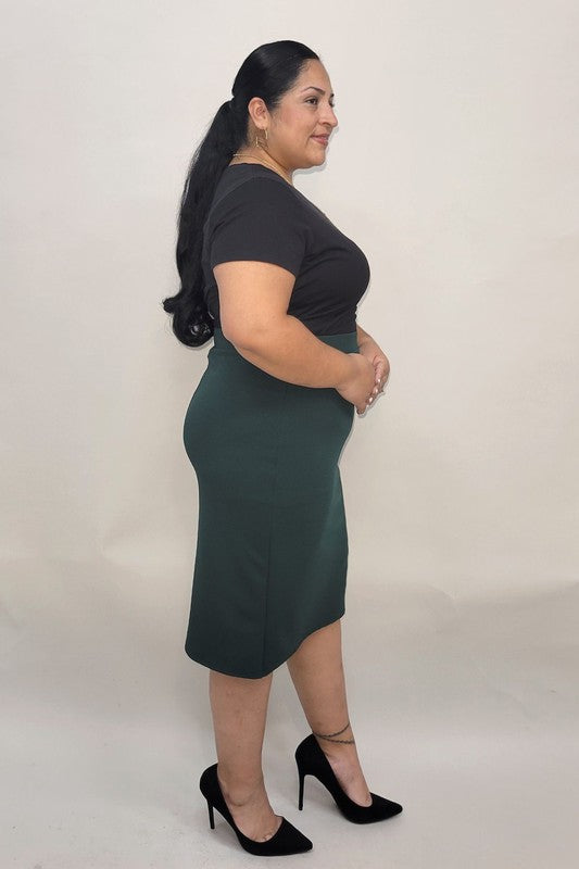 Solid Liverpool, high waist, knee-length pencil skirt in a fitted style with a waistband.