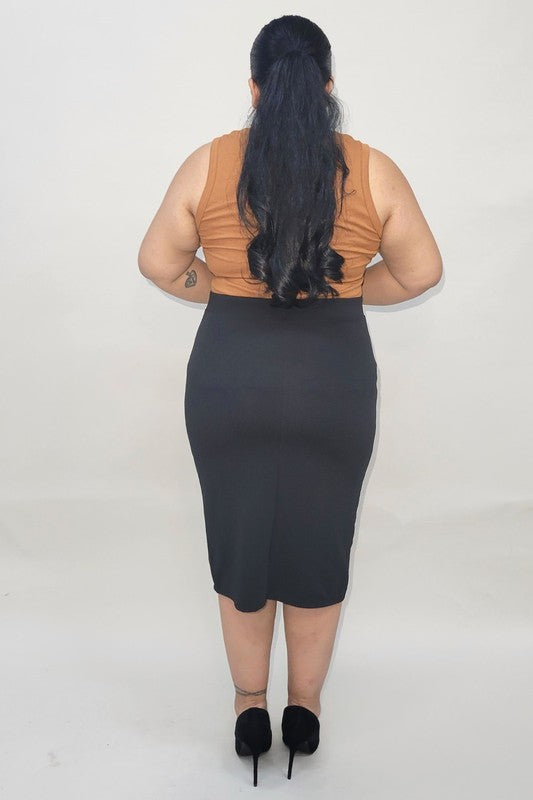 Solid Liverpool, high waist, knee-length pencil skirt in a fitted style with a waistband.