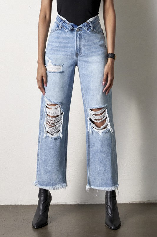 Frayed Flip Waist Straight Jeans