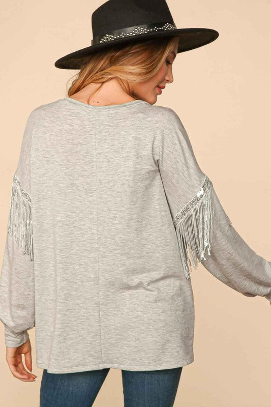 PLUS FRENCH TERRY BUBBLE SLEEVE SEQUINS TASSEL TOP